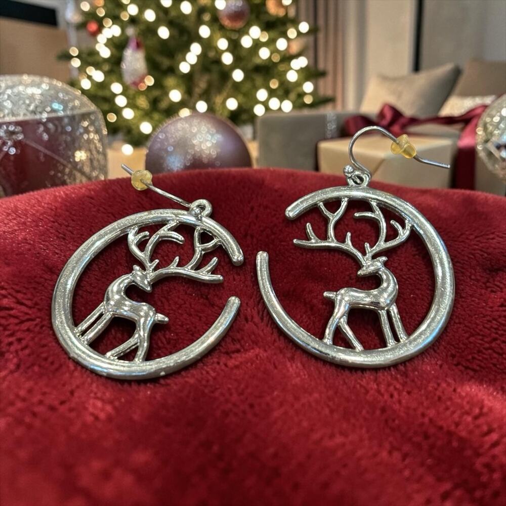 Vintage Silver Reindeer Hoop Earrings Giant Stag Antler Christmas Statement